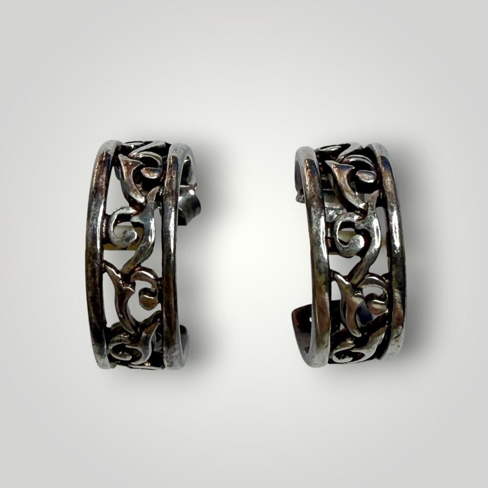 Vintage Sterling Silver Filigree Openwork Half Hoop Earrings Scroll Design